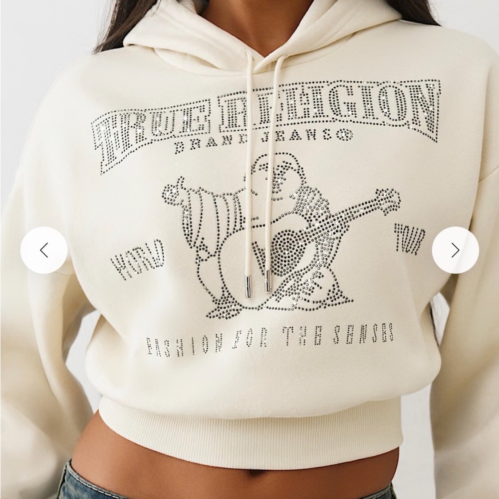 True Religion Ivory Studded Logo Cropped Sweatshirt